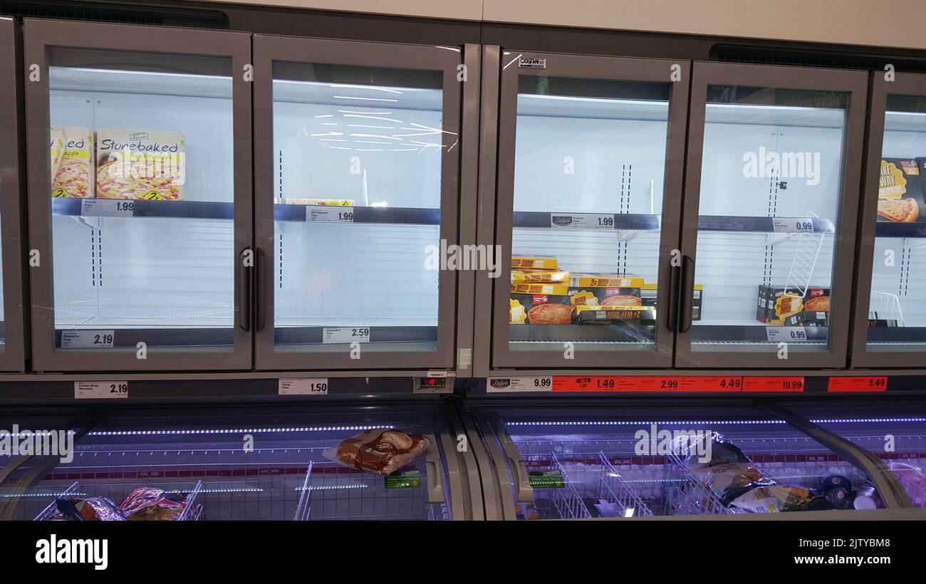 vaciar los estantes de alimentos procesados congelados en un supermercado lidl durante el cierre covid 19 pánico compra en irlanda del norte Foto de stock