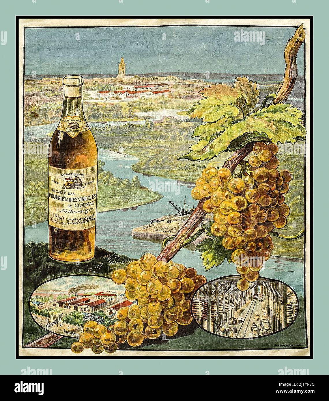 Vintage 1900s Cognac francés Monnet Cartel ilustración acuarela publicidad Cognac francés y la fábrica de insets Cognac Francia Foto de stock