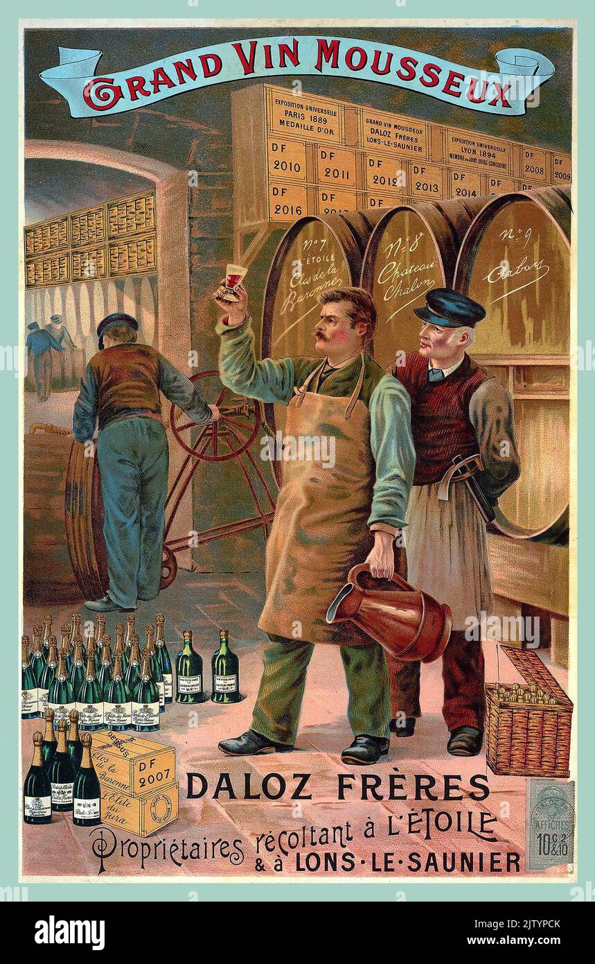 Vintage 1900s Cartel publicitario sobre vino espumoso francés Grand Vin Mousseux, por Daloz Frères Le Saunier Francia 1900 Foto de stock