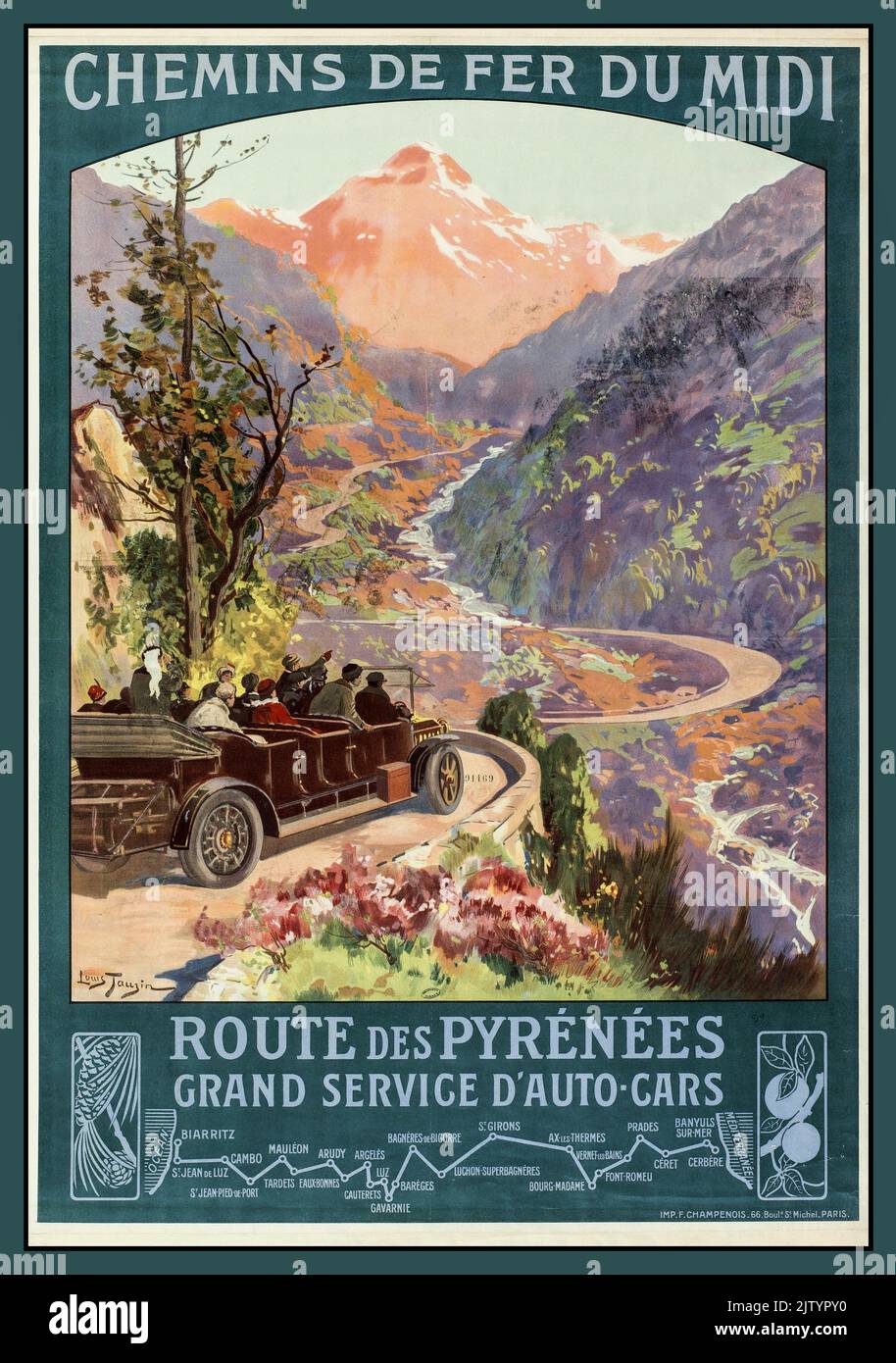 Vintage 1900s Cartel francés de viaje Chemin de fer du Midi - por Tauzin Louis (1910) Route des Pyrenees Grand Service d'Auto Cars Francia Foto de stock