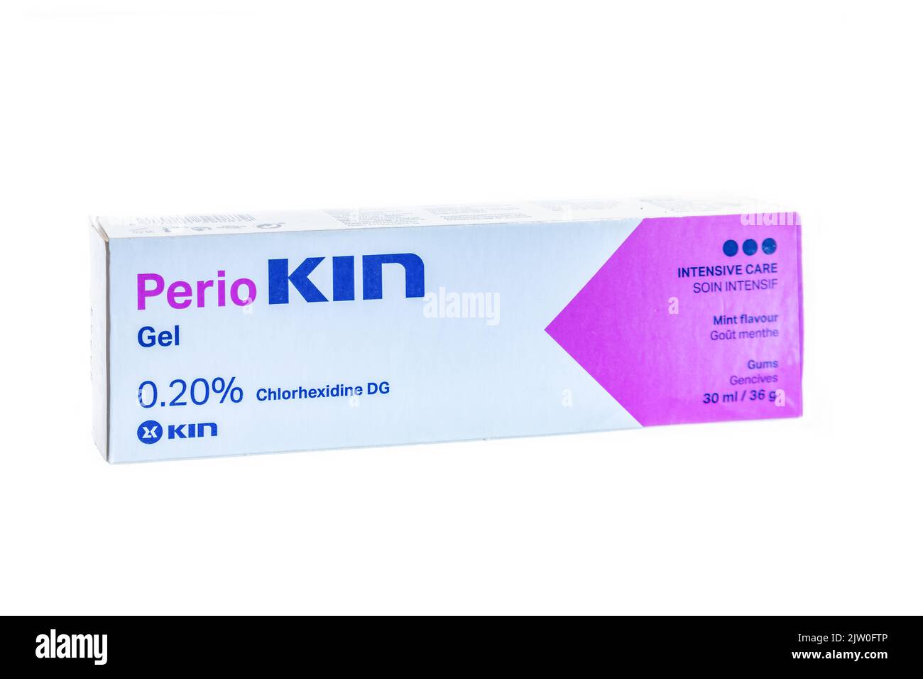 Huelva, España - 2 de septiembre de 2022: Gel de clorhexidina Perio Kin al 0,20% para tratamiento periodontal y periimplante. Es bioadhesivo para aplicaciones tópicas Foto de stock