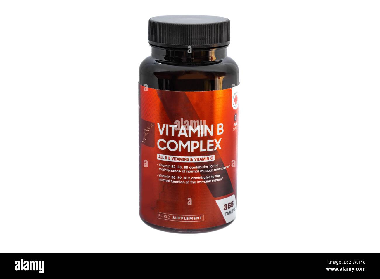 Botella de píldoras del complejo de la vitamina B con la vitamina C. Foto de stock