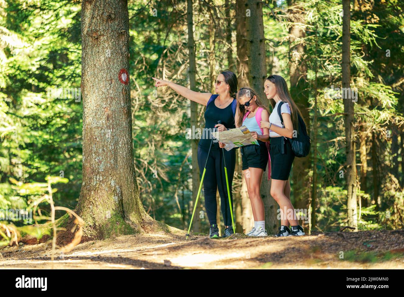 Mujer señala su mano en un signo de sendero de senderismo en un árbol, mientras que las chicas adolescentes estudian un mapa de senderismo Foto de stock