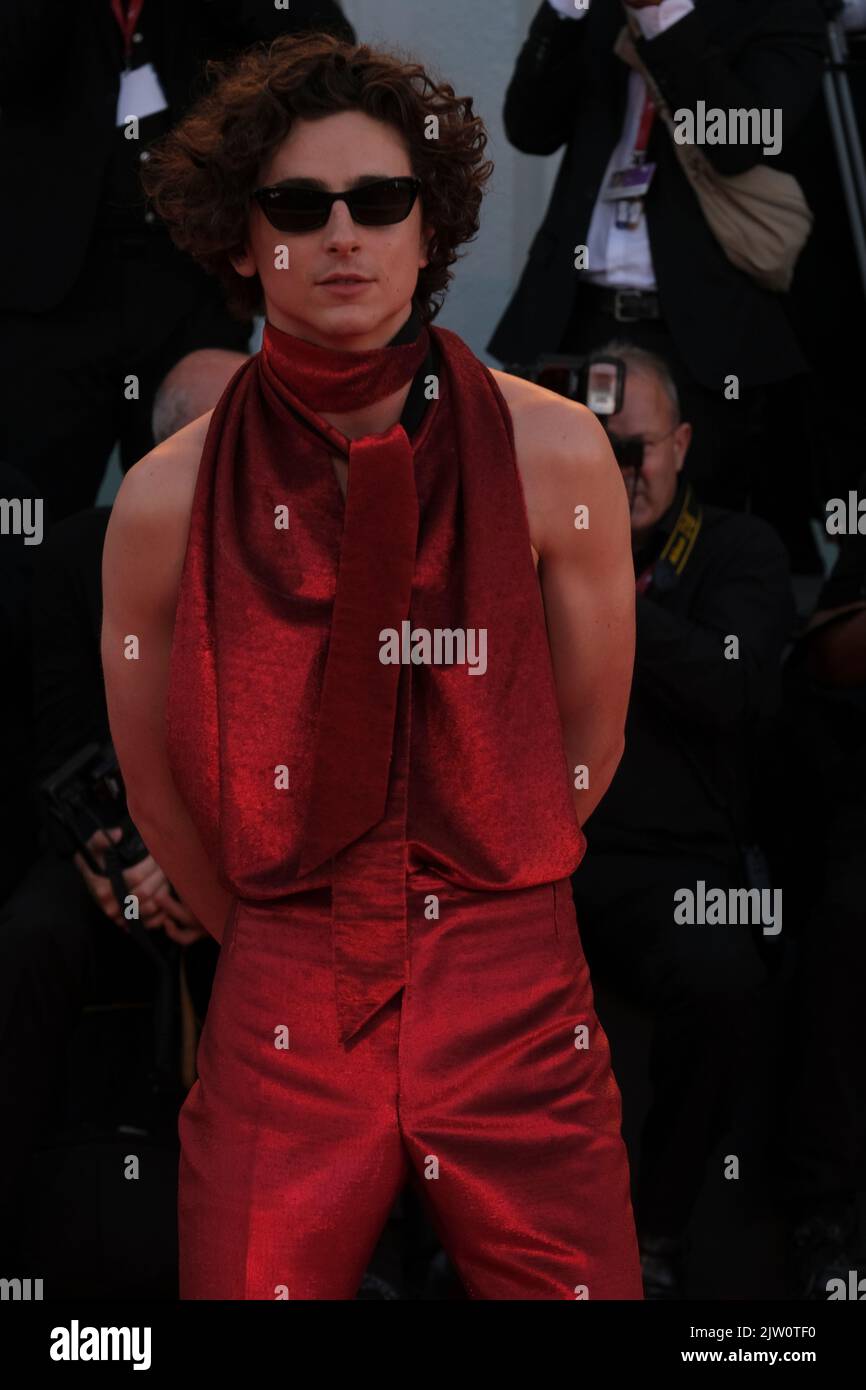 Timothee Chalamet asiste a la alfombra roja 'Bones y todo' en el 79th Festival Internacional de Cine de Venecia el 02 de septiembre de 2022 en Venecia, Italia. Foto de stock
