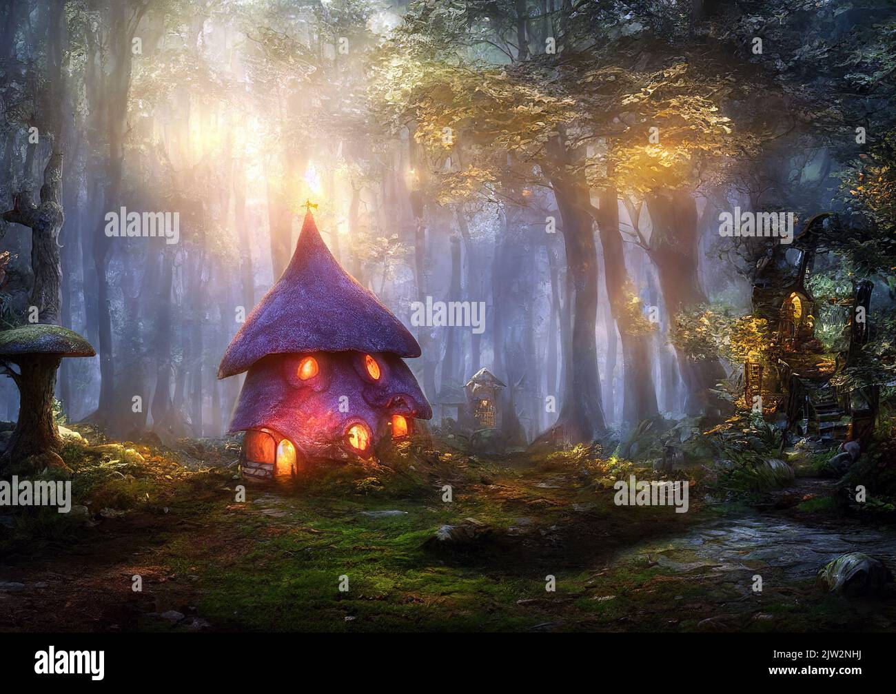 3d renderización de cabañas de setas de fantasía en un bosque mágico Foto de stock