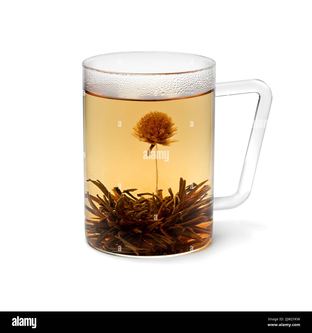 Copa de vidrio con una tradicional flor de té de jazmín seca asiática y té aislados sobre fondo blanco Foto de stock
