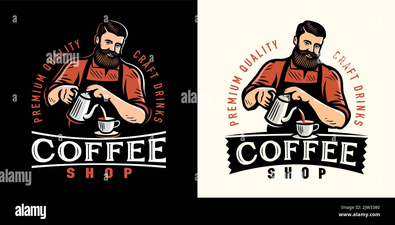 Logotipo de la cafetería. Plantilla de diseño para el menú de restaurante o cafetería. Barista preparando el emblema del café ilustración del vector Ilustración del Vector