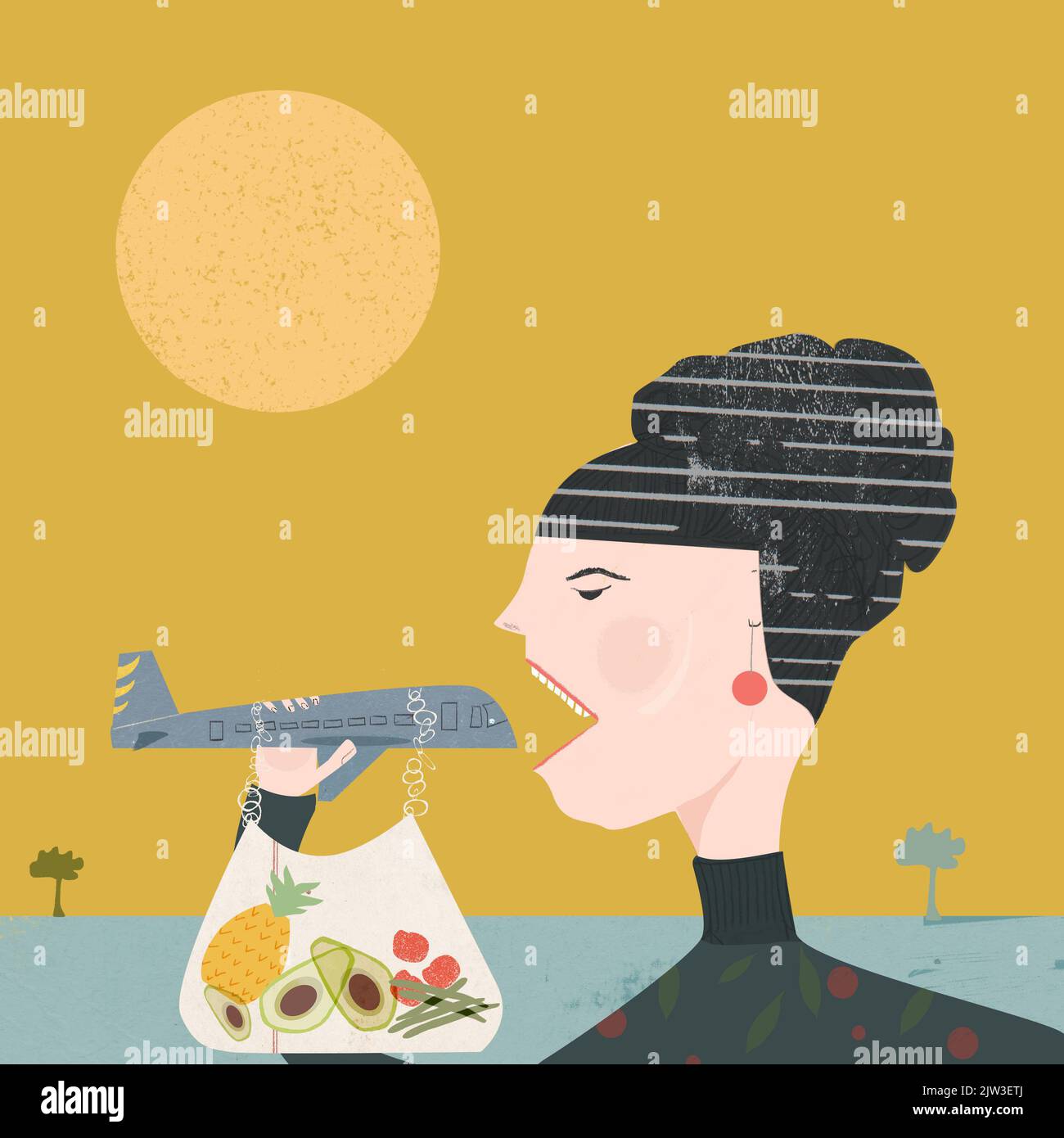 Conceptual Editorial ilustración alimenticia de los alimentos más cargados por el aire, mostrando a una mujer comiendo millas de aire en forma de aguacate y piña Foto de stock