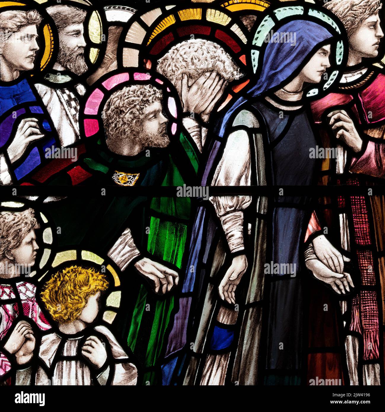 Expresiones emocionales exhibidas por los seguidores de Cristo en su repentina aparición en The Upper Room, All Saints Church, Killington, Cumbria, Reino Unido Foto de stock