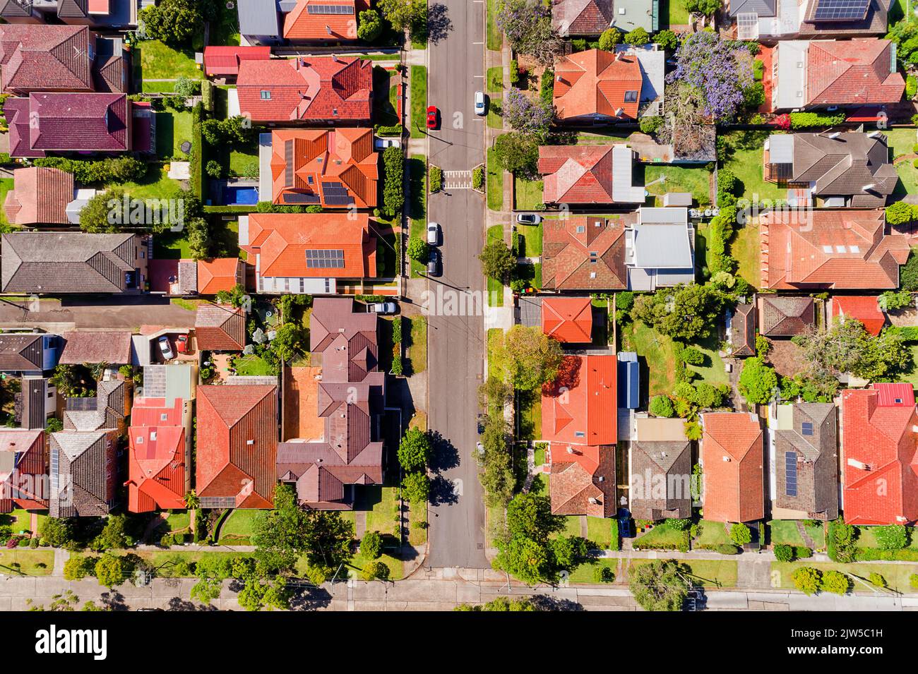Caminos de entrada, carriles y verdes calles residenciales con casas separadas en la costa norte baja rico barrio Chatswood de Greater Sydney - techo aéreo abajo Foto de stock