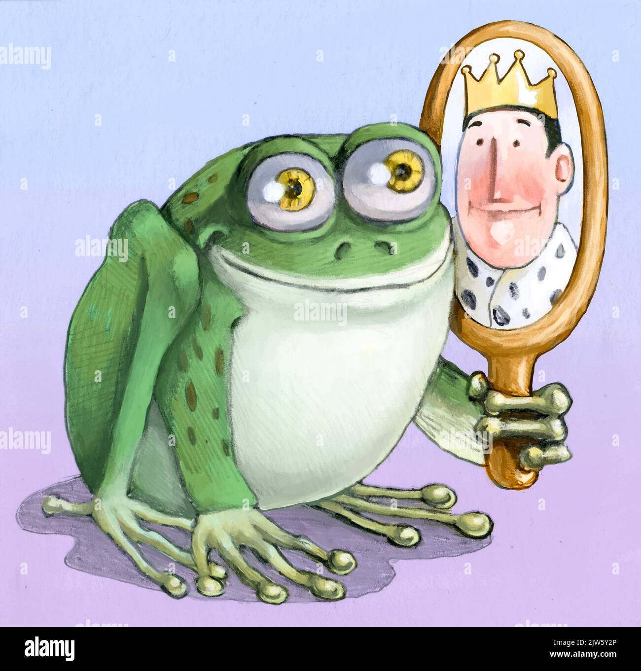 frog mira en el espejo y ve un concepto rey de vanidad Foto de stock