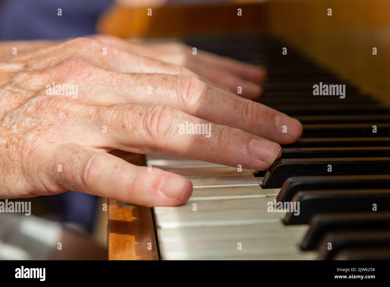 Un hombre manos tocando un piano, con enfoque selectivo Foto de stock
