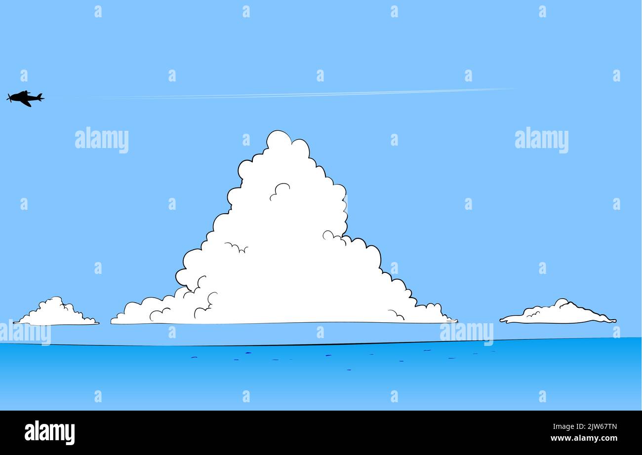 Ilustración del mar y el cielo azul y las nubes que se acercan en verano Ilustración del Vector