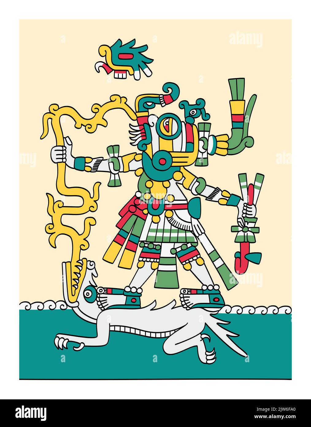 Tlaloc dios azteca de lluvia, fertilidad terrenal y agua, dador de vida y sustento. Representado con ojos goggle, colmillos, relámpagos y criaturas acuáticas. Foto de stock