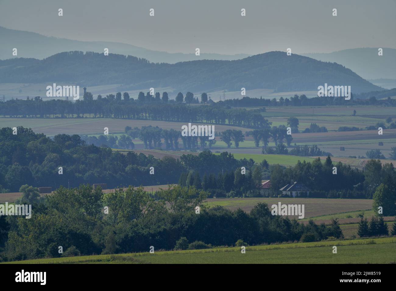 Amplia vista de los Sudetes en el Sur desde la carretera sobre Bożków Foto de stock