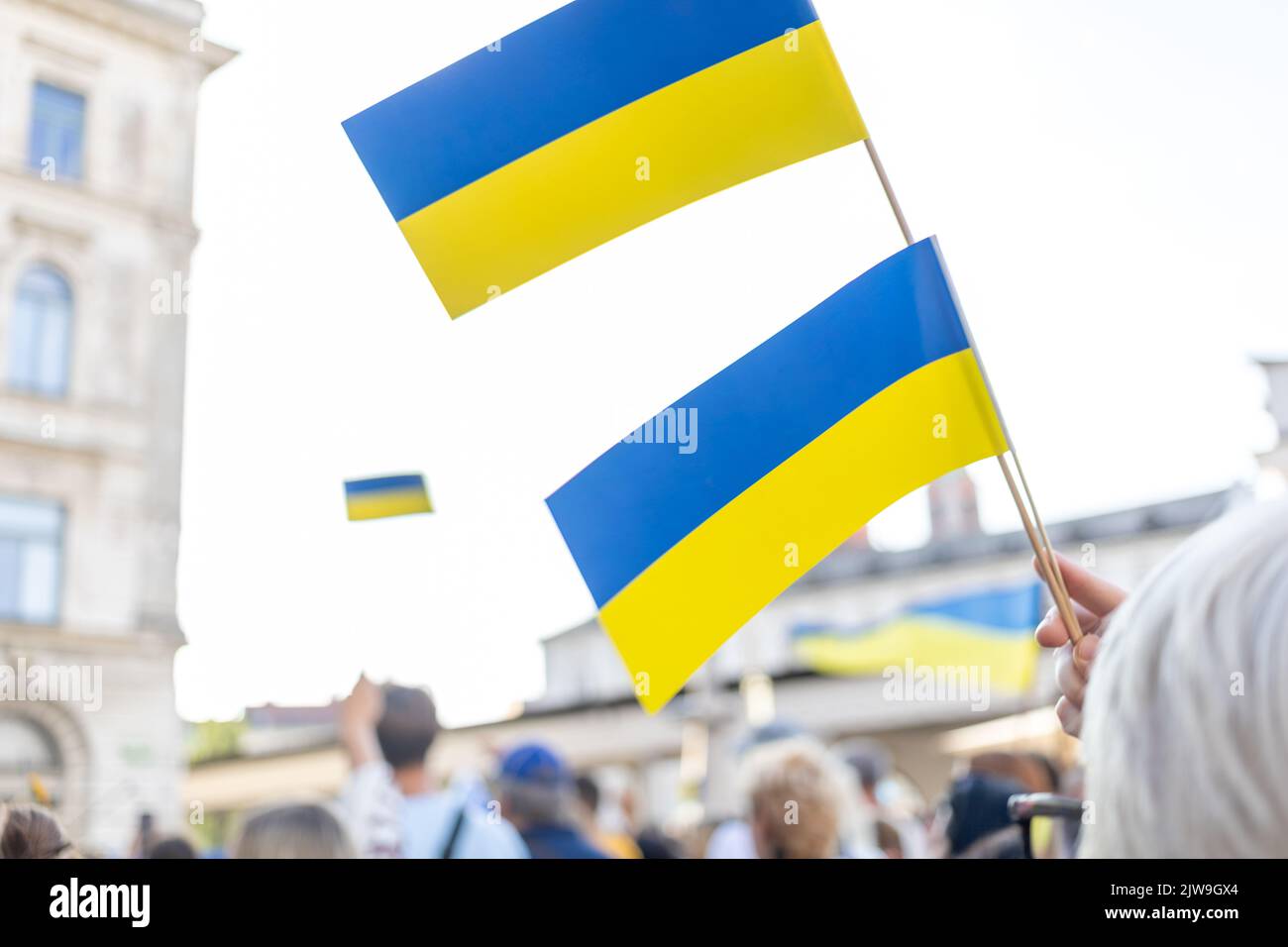 Ucrania apoya la manifestación, la gente con banderas y símbolos nacionales Foto de stock