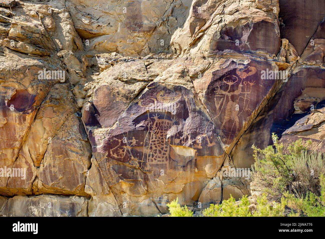 Petroglifos arte rupestre en Legend Rock State Archaeological Site, Wyoming - Varios antropomorfos delineados y en toto son visibles. La fig. Grande Foto de stock