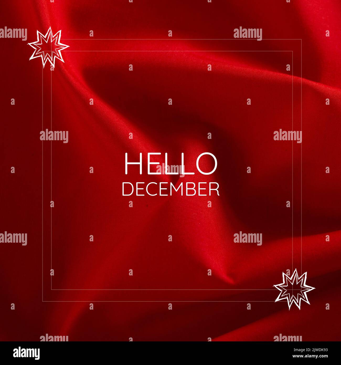 Compuesto de texto de hola diciembre en marcos blancos con forma de estrella sobre fondo de látex rojo Foto de stock