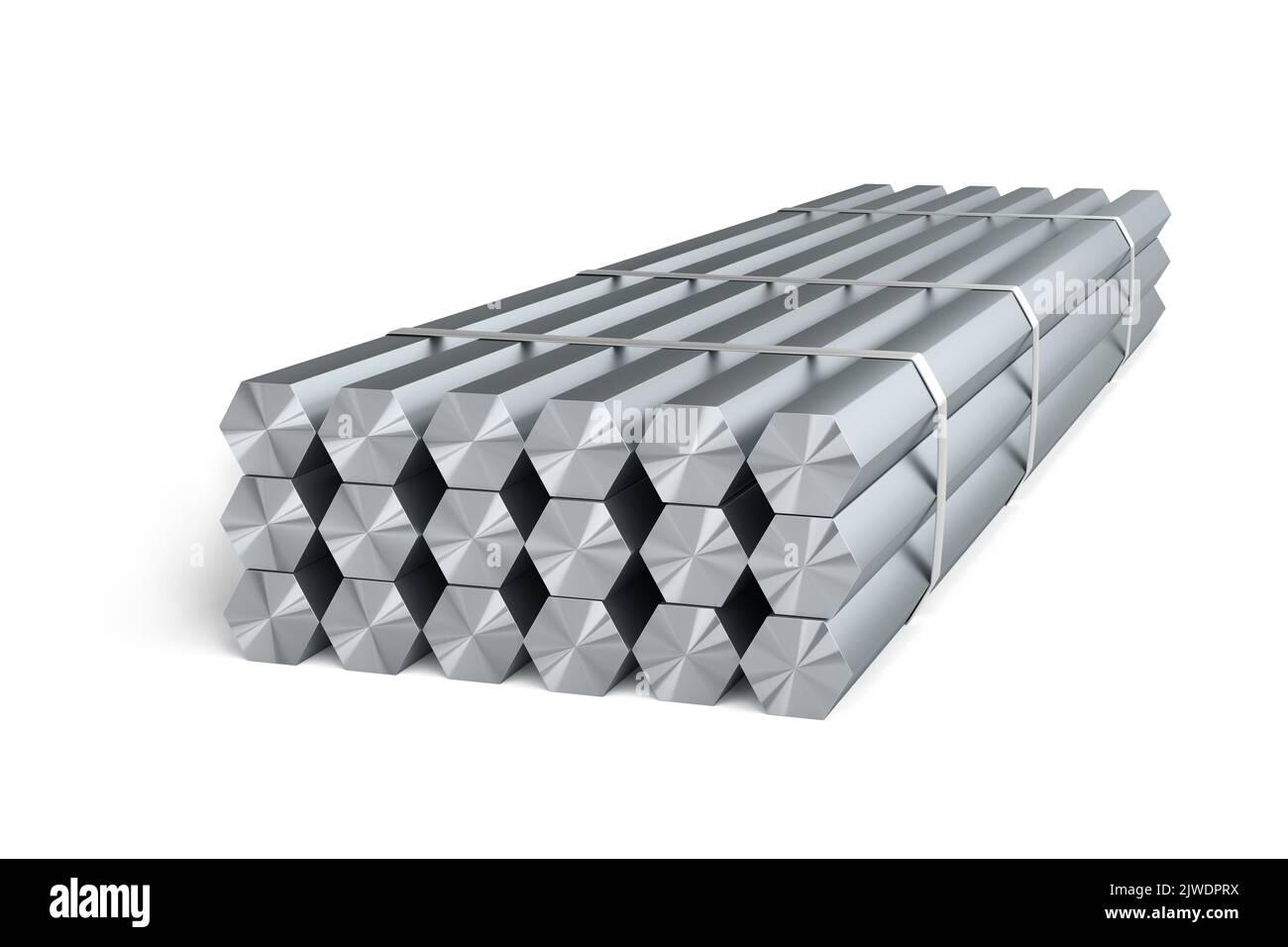 Pila de barras de acero de forma hexagonal aislada sobre fondo blanco - presentación 3D Foto de stock
