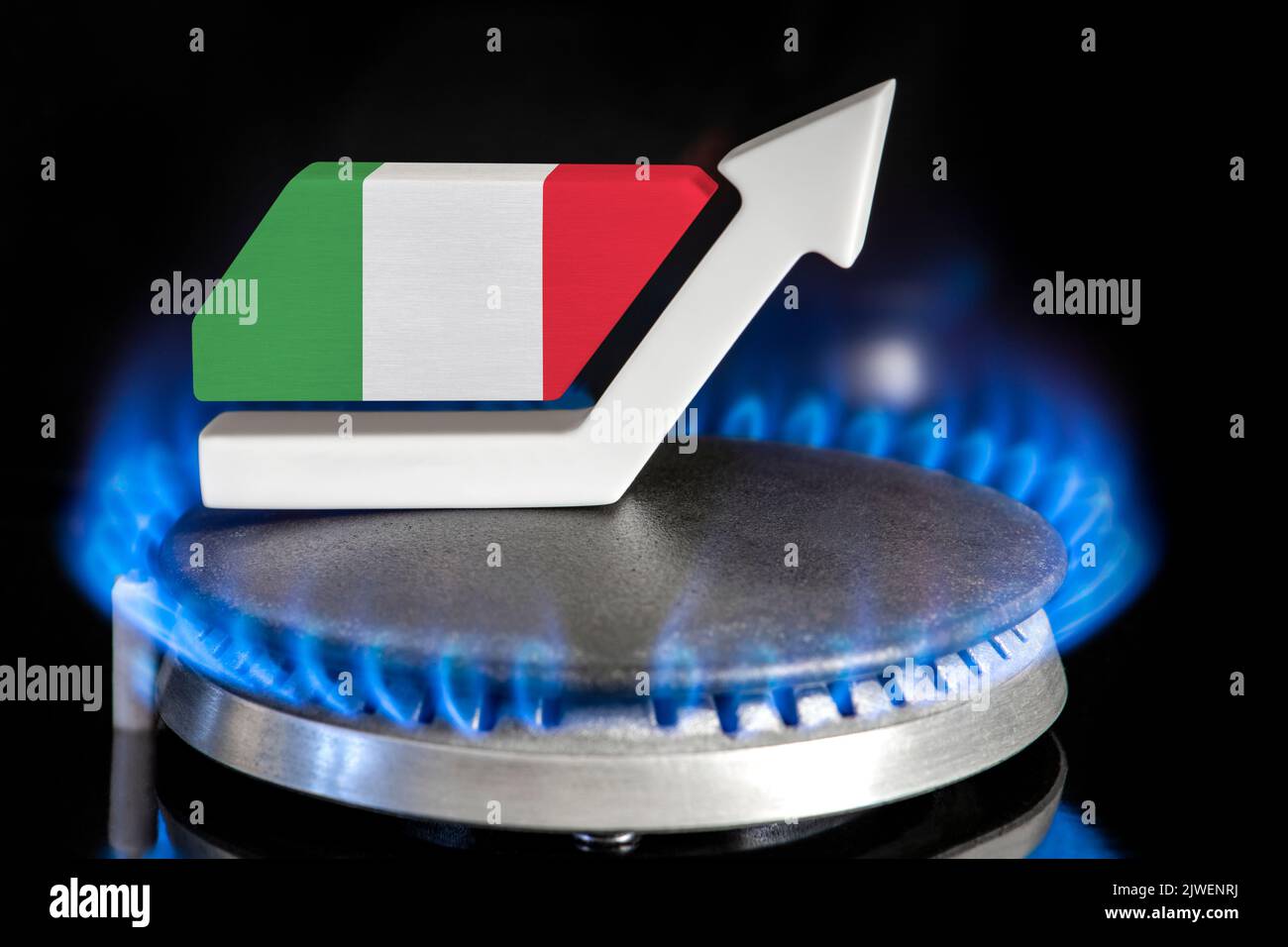 Precio del gas. Subida de los precios del gas en Italia. Un quemador con una llama y una flecha