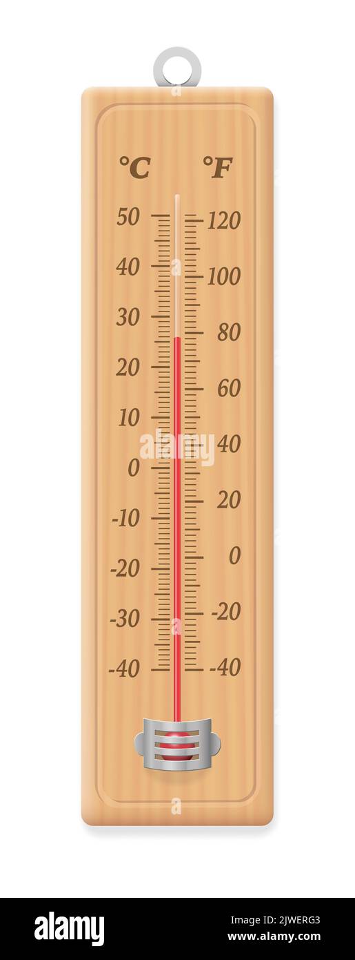 Termómetro, instrumento meteorológico de madera especificado en grados centígrados y fahrenheit, termómetro de alcohol clásico de estilo vintage con percha. Foto de stock