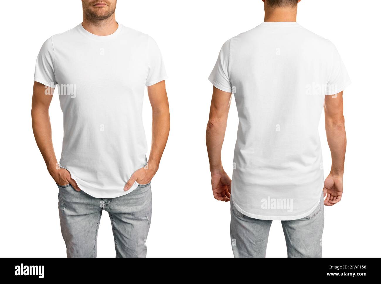 hombre en camiseta blanca. plantilla de maqueta delantera y trasera para el diseño. aislada sobre fondo blanco Foto de stock