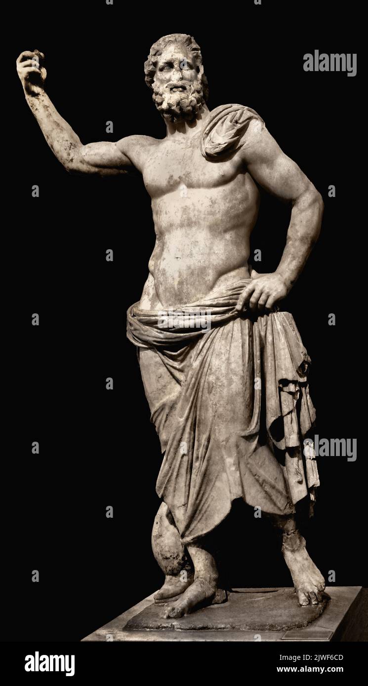 Estatua de Poseidón ,(125 -100 aC), mármol de Parian, Museo Arqueológico Nacional en Atenas, Poseidón, encontrado en 1877, Melos, la estatua más grande que la vida-tamaño representa al dios casi desnudo, mano derecha levantada que él habrá sostenido el tridente, al lado de su pierna es un apoyo en la forma de un delfín, 125-100 a.C. 2,35 m. Foto de stock