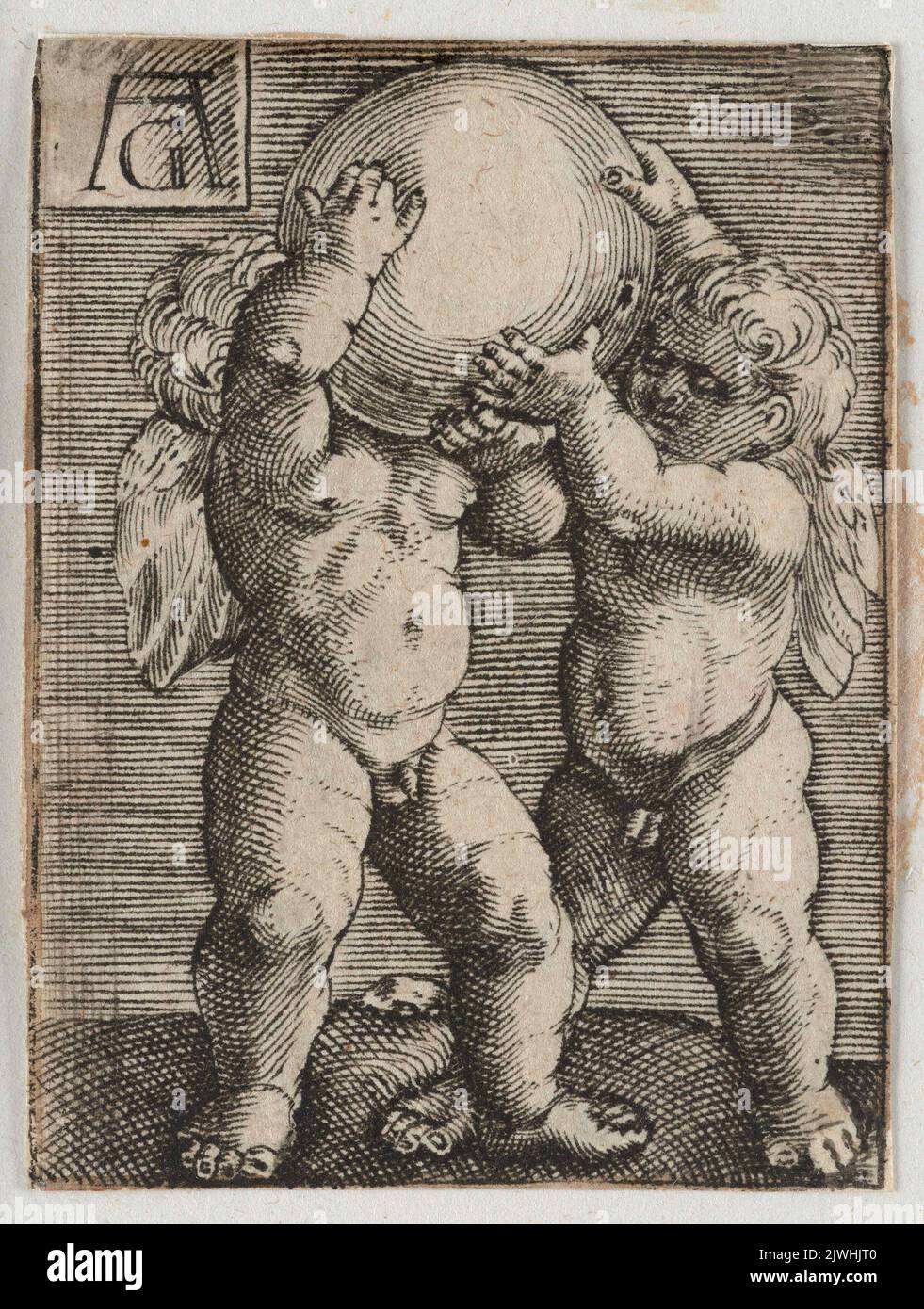 Dos Putti Lifting the Globe. Aldegrever, Heinrich (1502-1555/1561) Foto de stock