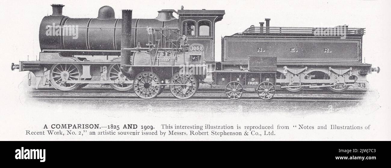 Una comparación - 1825 y 1909. N.E.R. 1053 - Un recuerdo artístico emitido por los Sres. Robert Stephenson & Co. Ltd Foto de stock