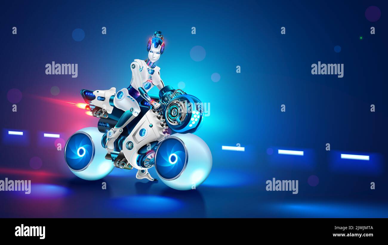 Mujer ciclista cyborg en bicicleta futurista. Hermosa chica robot en moto. Biker femenino fresco en la motocicleta deportiva blanca con ruedas esféricas en la carretera Ilustración del Vector