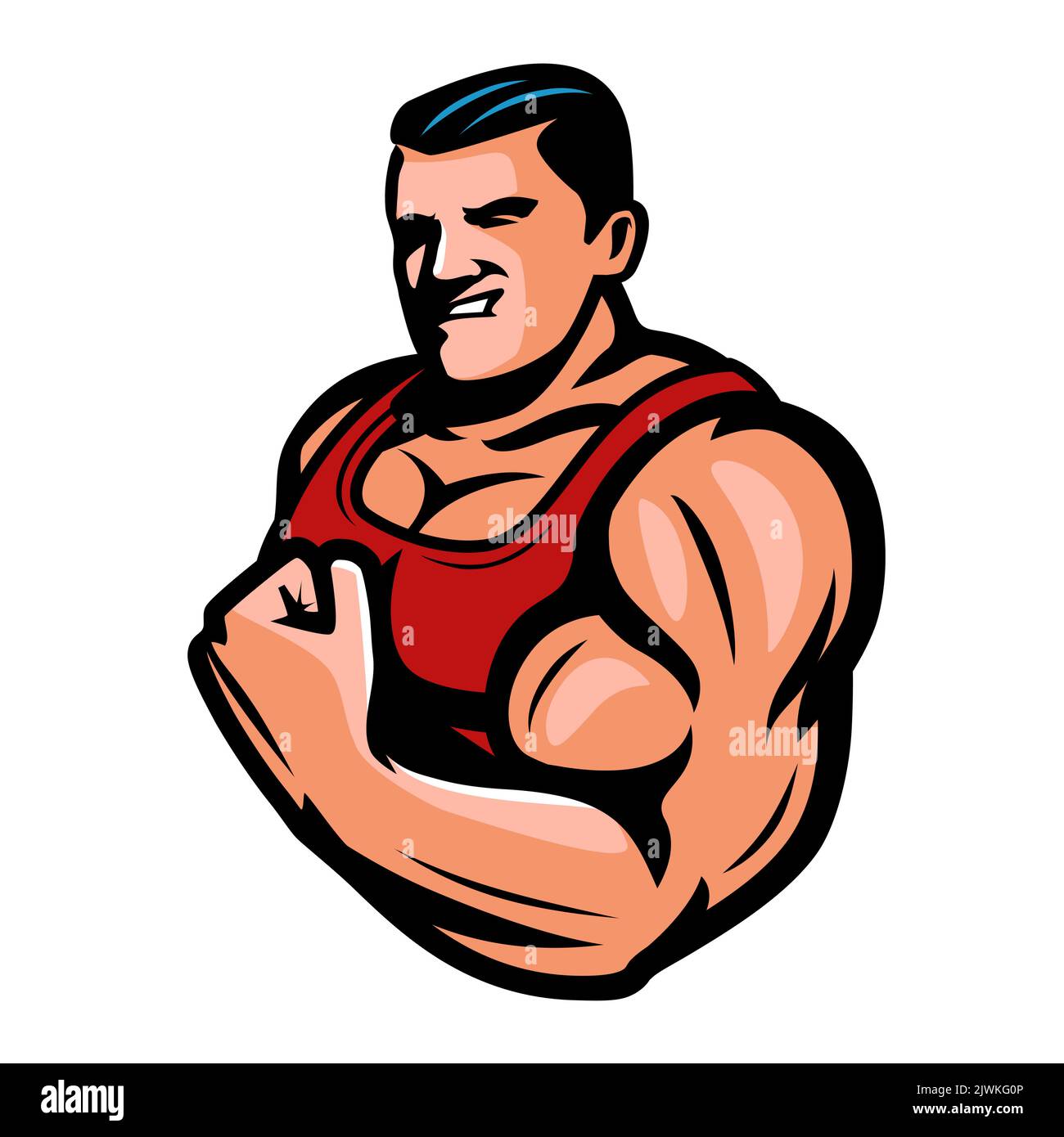 Fuerza y poder de demostración. Musculoso culturista mostrando fuertes bíceps deportivos. Gimnasio, emblema de culturismo o vector de logotipo Ilustración del Vector