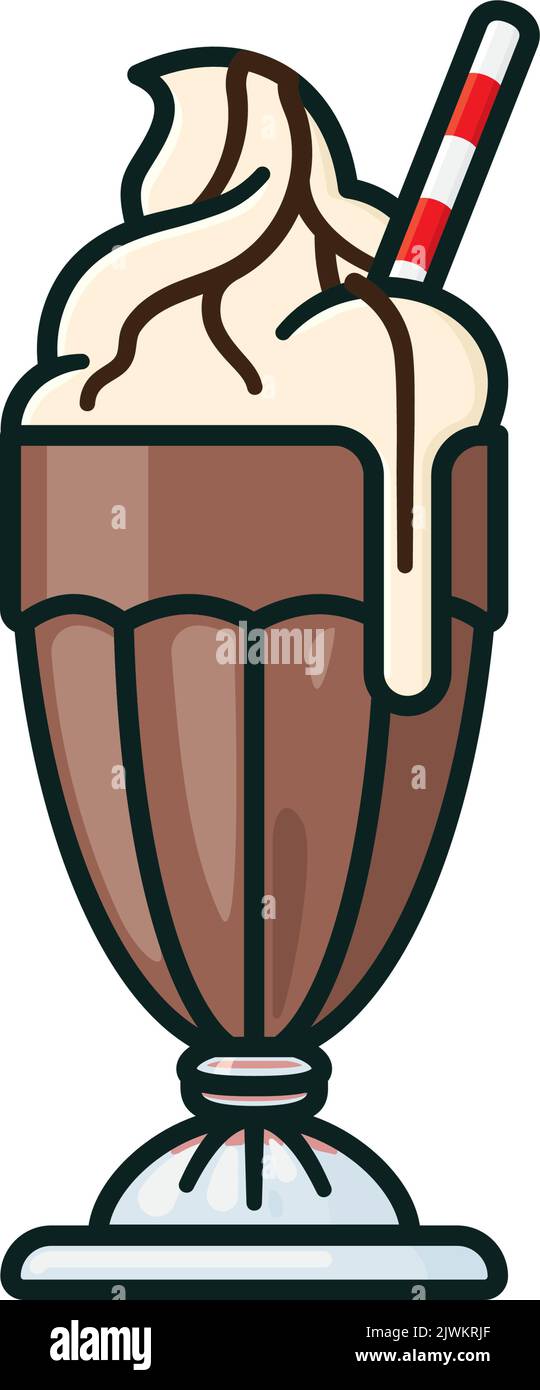 Batido de leche de chocolate con crema, cobertura y relleno de paja estilo contorno ilustración de vector aislado Ilustración del Vector