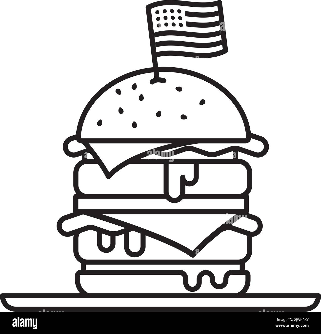Doble Cheeseburger con ilustración vectorial de icono de línea de bandera de EE.UU. Símbolo americano de comida rápida. Ilustración del Vector