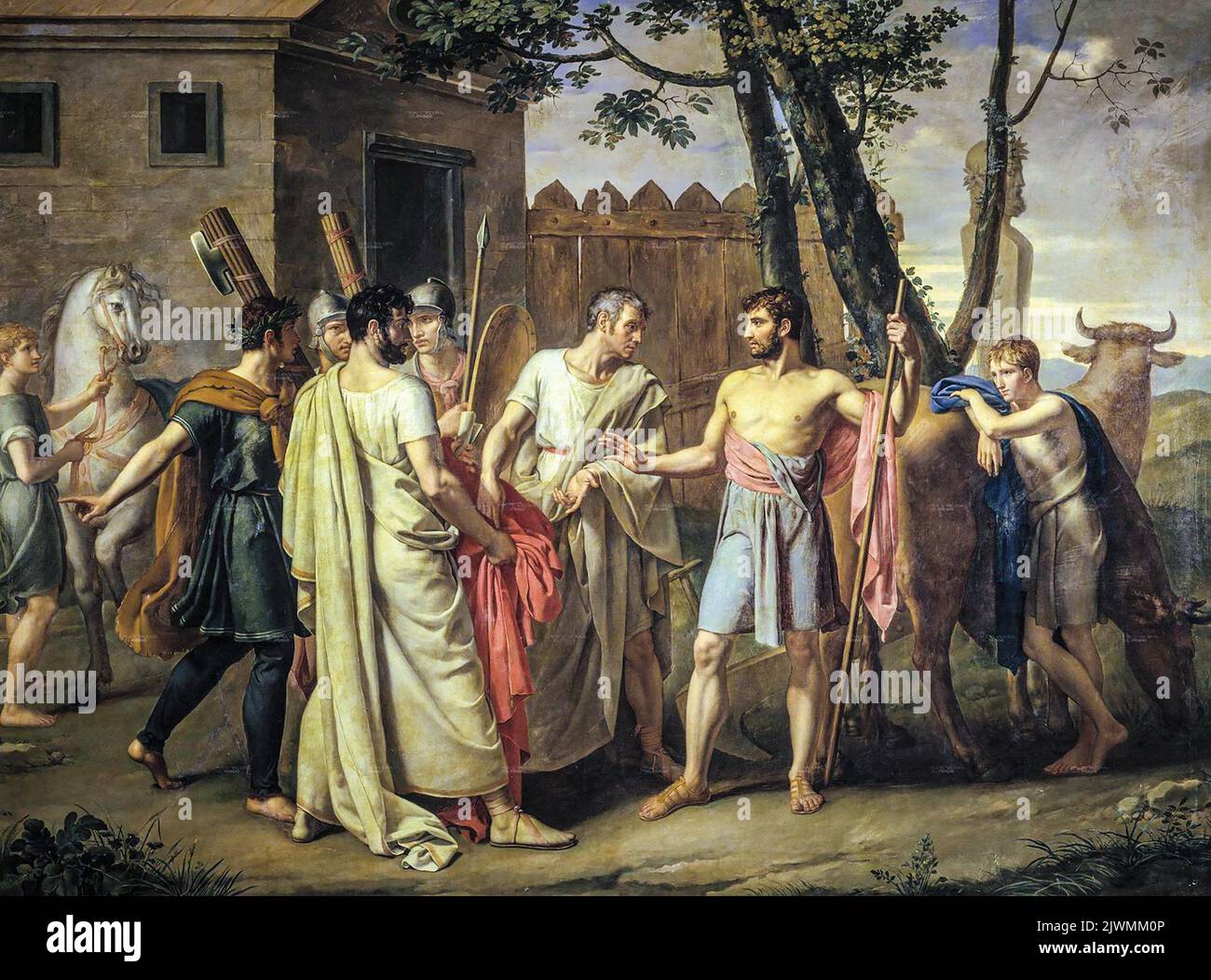 Cincinnatus abandona el arado para dictar leyes a Roma. Siglo 5th A.C. político romano mencionado en el discurso de salida de Boris Johnson. Foto de stock