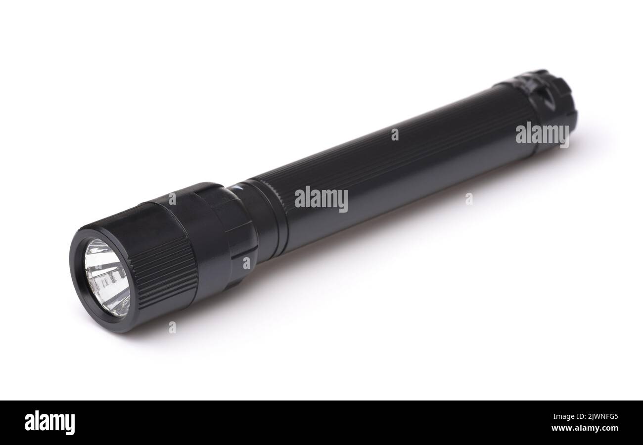 Linterna LED de bolsillo negra metálica aislada sobre blanco Foto de stock