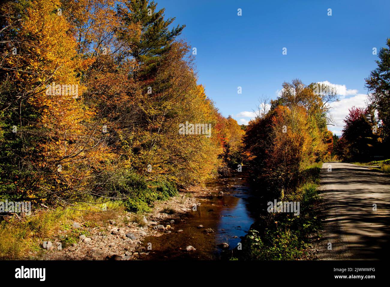 Carretera nacional a lo largo de Autumn Stream en Vermont, EE.UU Foto de stock