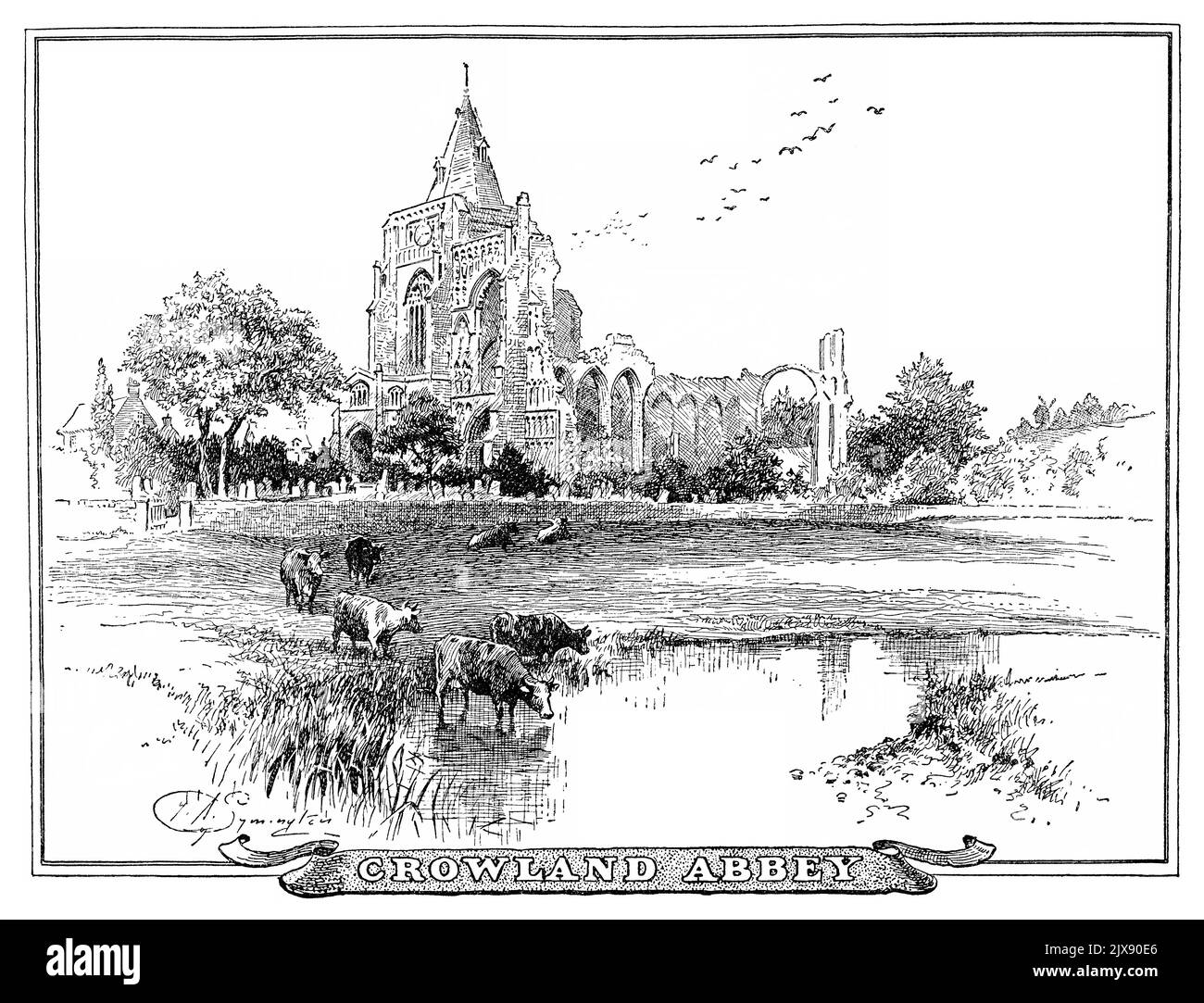 1891 ilustración victoriana de la abadía de Crowland en Lincolnshire. Del libro infantil Lectura dominical para los jóvenes. Con borde. Foto de stock