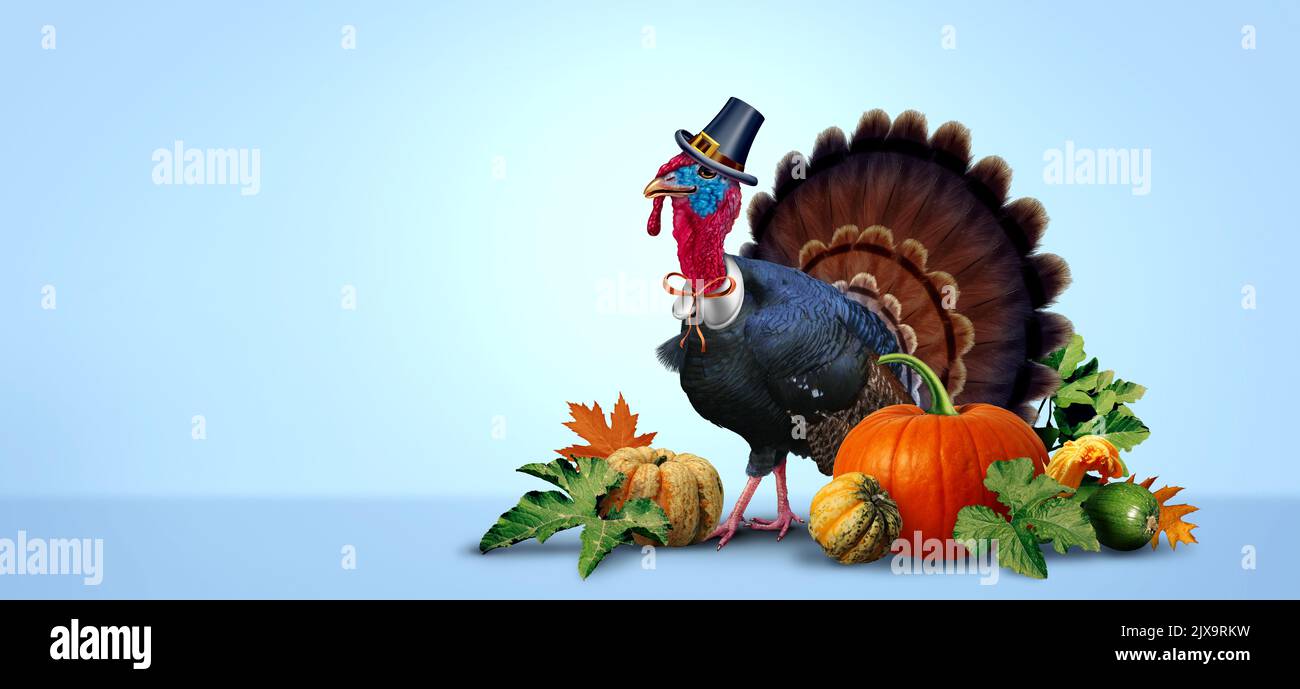 Fondo de Thanksgiving pavo y pancarta de otoño como un gobbler estacional de otoño sobre hojas y calabazas con 3D elementos de ilustración. Foto de stock