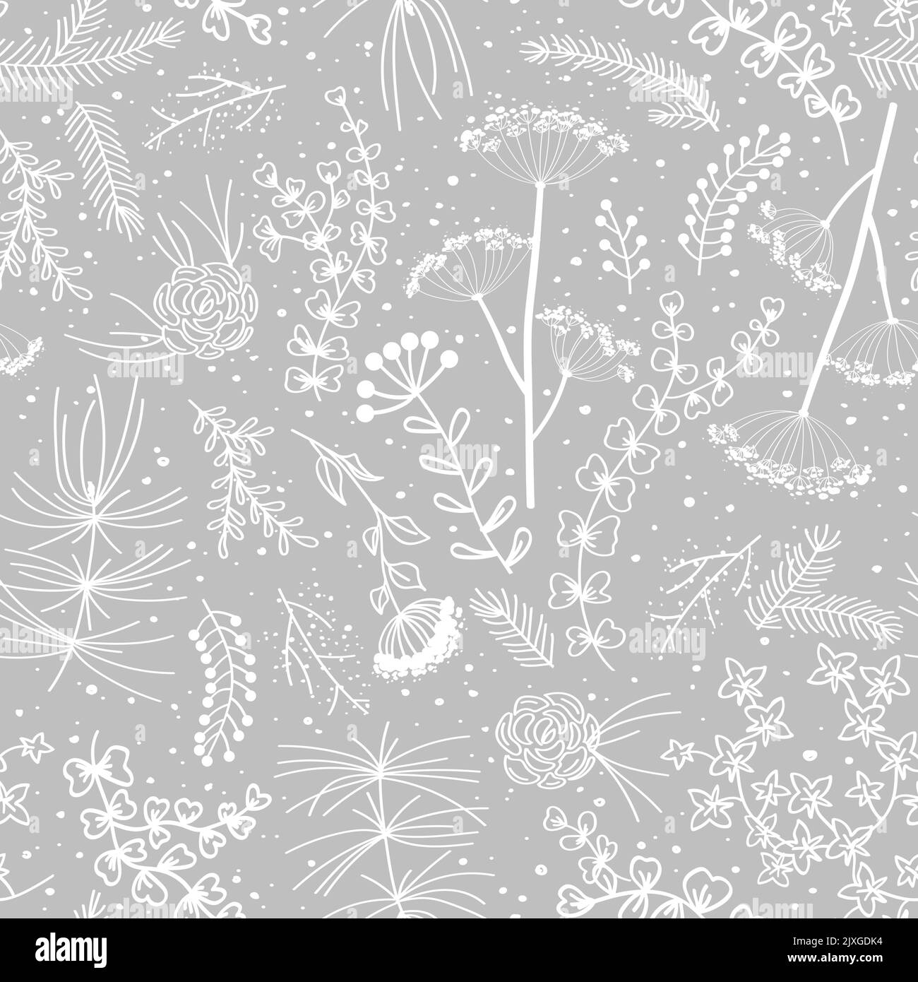 Merry Christmas, Happy New Year Diseño floral sin costuras en elegante paleta gris y blanco. Conos de abeto, plantas garabatos y bayas para tarjetas de felicitación Ilustración del Vector