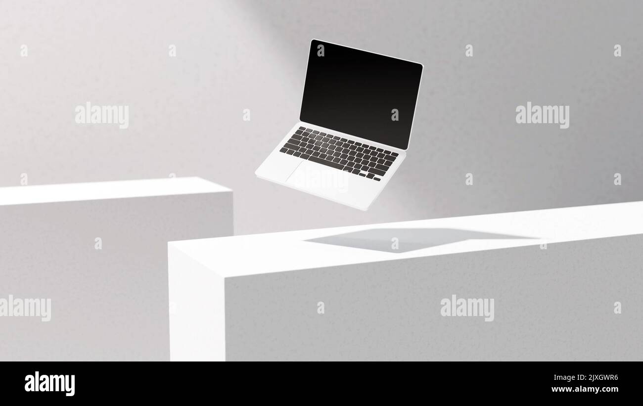 Maqueta de ordenador portátil con pantalla vacía negra, carcasa de aluminio. Maqueta minimalista 3D de pc genérico. Tecnología, comunicación, internet, digital. Crea Foto de stock
