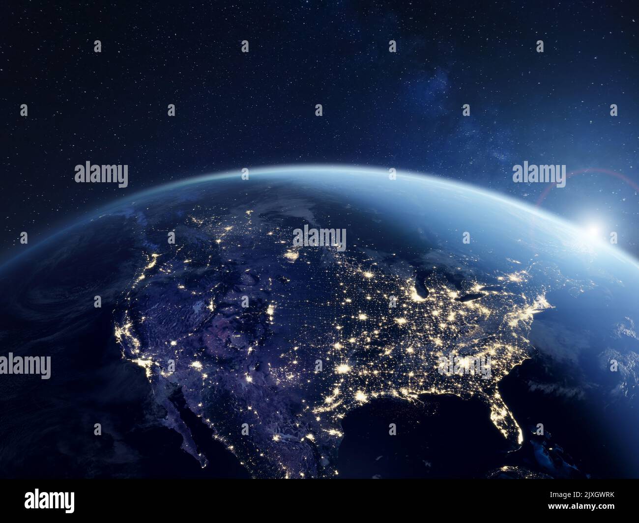 América por la noche vista desde el espacio con las luces de la ciudad mostrando actividad en Estados Unidos. 3D Renderizado del planeta Tierra. Elementos de la NASA. Tecnología, glob Foto de stock