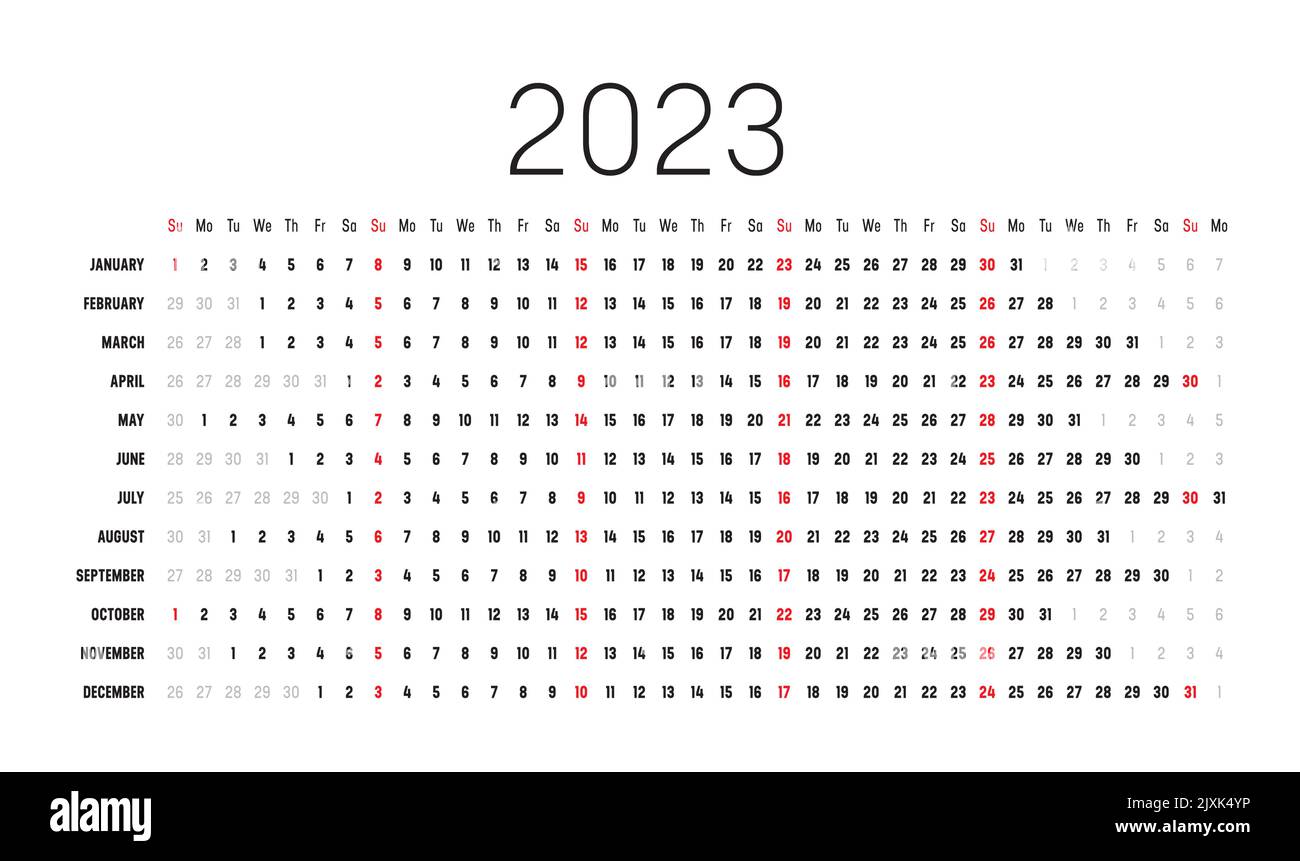 Calendario mural del año 2023 con fechas alineadas. Plantilla vectorial de una página, diseño lineal y horizontal. Ilustración del Vector
