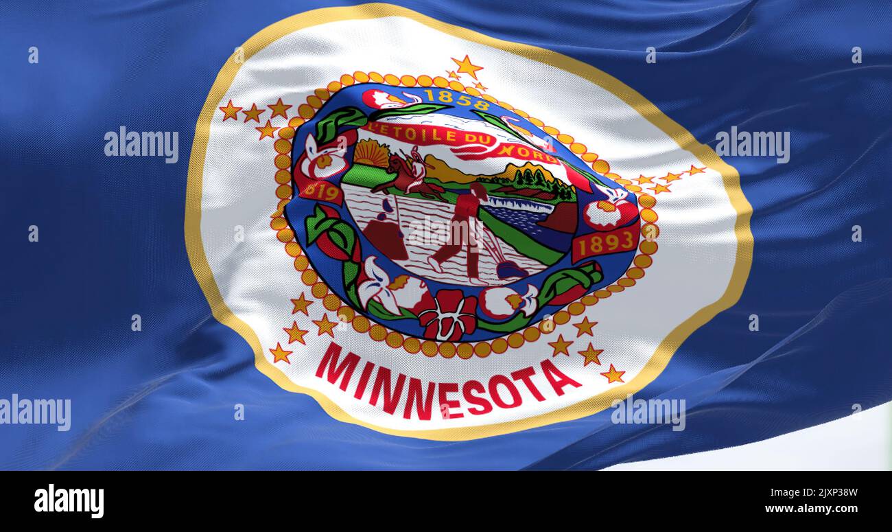 Vista de cerca de la bandera del estado de Minnesota ondeando. Minnesota es un estado en la región del medio oeste superior de los Estados Unidos. Fondo texturizado de tela Foto de stock