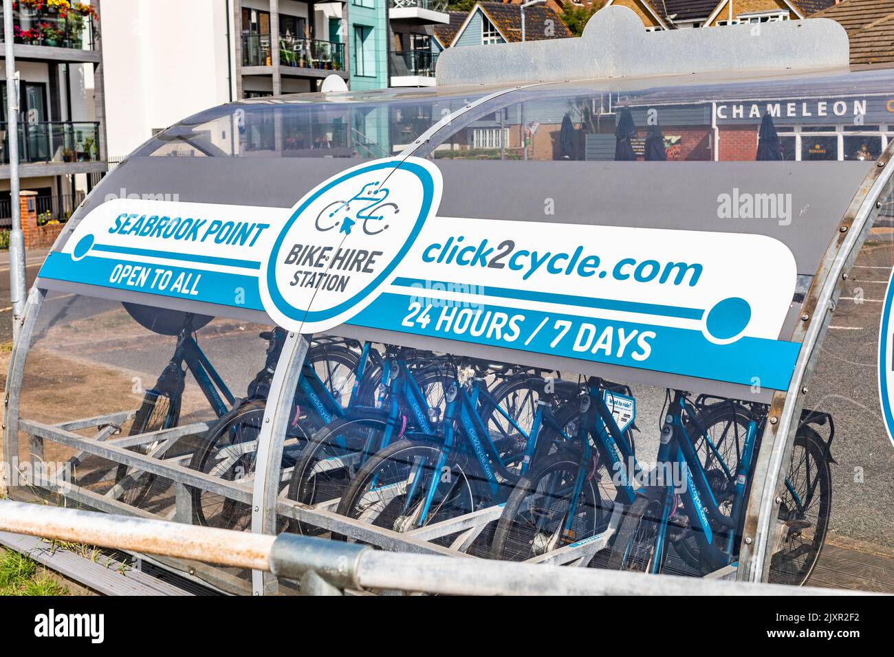 Una estación de alquiler de bicicletas de Click2Cycle.com en Seabrook, Kent Foto de stock