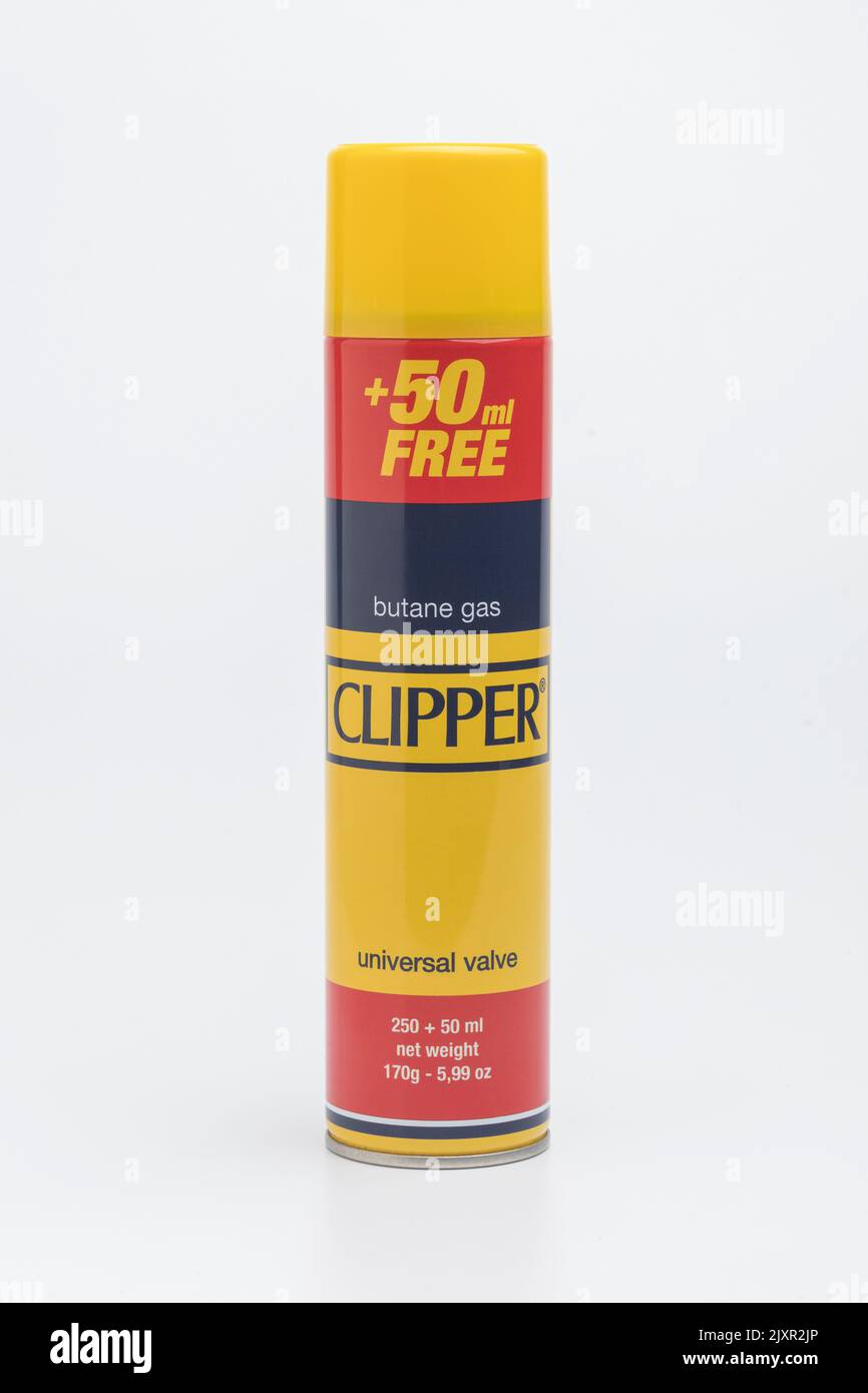 Una lata de 50 ml de gas de butano Clipper libre Foto de stock