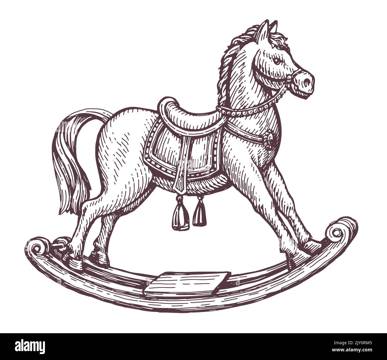 Boceto retro de madera del caballo oscilante. Juguete para niños en estilo grabado vintage. Ilustración vectorial aislada en blanco Ilustración del Vector