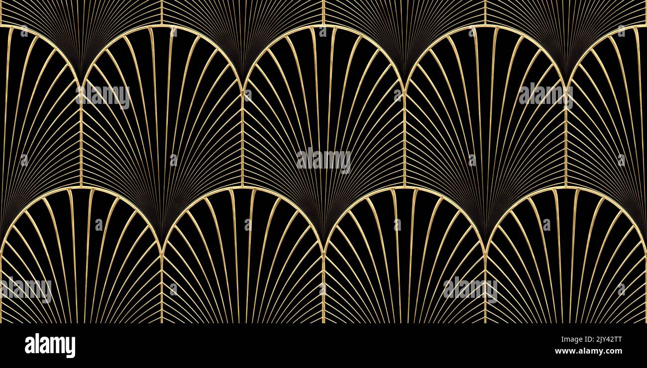 Diseño de línea en abanico con diseño de palmeras festoneadas Art Deco dorado sin costuras. Escultura de alto relieve geométrica abstracta vintage chapada en oro sobre fondo negro oscuro. Moderno Foto de stock