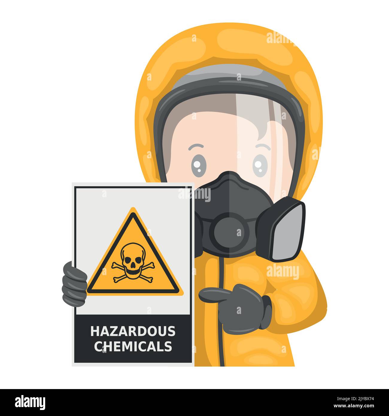 Trabajador industrial con señal de peligro de material tóxico. Icono y pictograma de precaución de productos químicos peligrosos. Traje de protección y respiradores. Industrial Ilustración del Vector