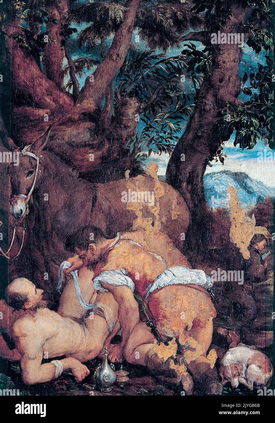 Jacopo Bassano, el buen samaritano, pintando al óleo sobre madera, 1550 Foto de stock
