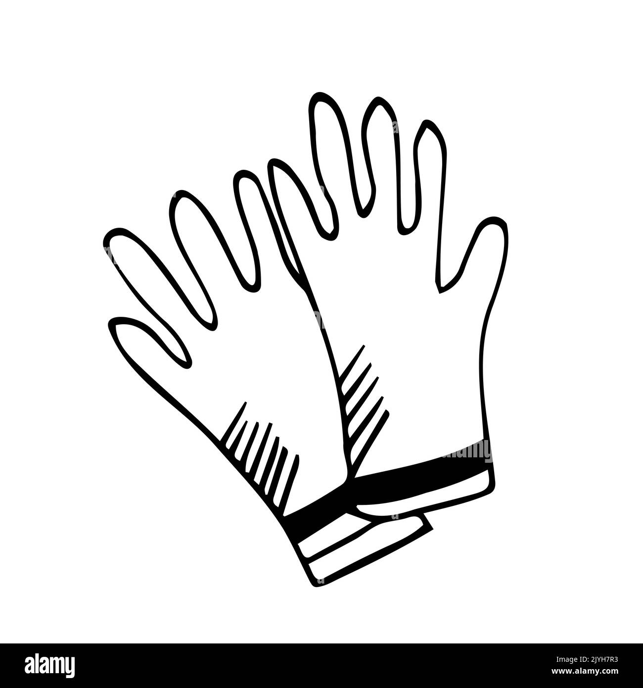 Guantes de goma - vector póster simple con letras y dibujo dibujado a mano en doodle. Herramienta para proteger las manos de virus, suciedad, productos químicos, para Ilustración del Vector
